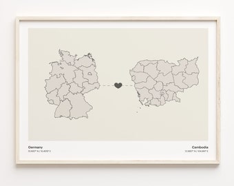 Germany to Cambodia Print, Cambodian Gift, Minimalistic Country Connection Map Poster, Travel Wall Art, Faraway Love Gift, C21-428