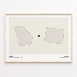 Georgia to Wyoming Print, Wyomingite Gift, Minimalistic State Connection Map Poster, Travel Wall Art, Borderless Love Gift, C21-1610