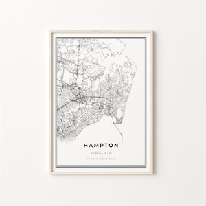 Hampton Print, City Map Art Poster, Virginia VA USA, Wall Art Decor, Moderne Zwart-Wit Stijl, Woonkamer Poster, C13-80