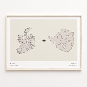 Ireland to Zimbabwe Print, Zimbabwean Gift, Minimalistic Country Connection Map Poster, Travel Wall Art, Long Distance Map, C21-1194