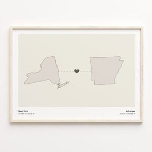 New York to Arkansas Print, Arkansan Geschenk, Minimalistische US Bundesstaat Verbindungskarte Poster, Reise Wandkunst, LDR Karte, C21-1353