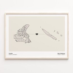 Impression du Canada vers la Nouvelle-Calédonie, cadeau néerlandais, affiche de carte minimaliste de connexion pays, art mural de voyage, amour d'outre-mer, C21-727
