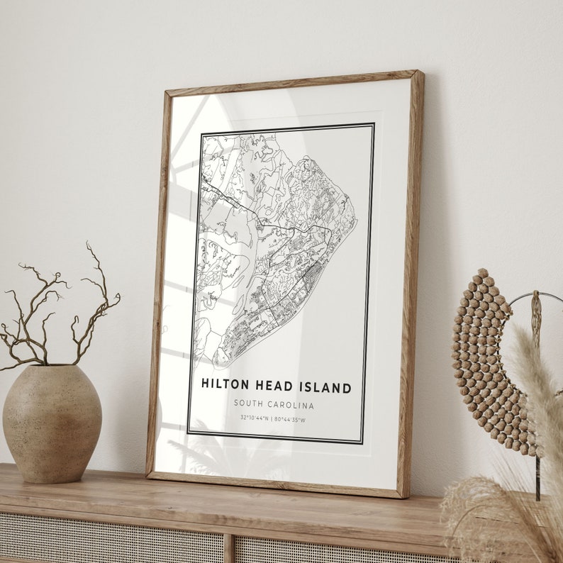 Hilton Head Island Print, City Map Art Poster, South Carolina SC USA, Wall Art Decor, Modern Black and White Style, C13-60