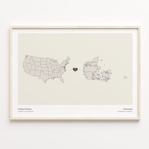 Impressão dos Estados Unidos à Dinamarca, presente dinamarquês, mapa minimalista de conexão de país, arte de parede dos EUA, novo presente de país, C21-47