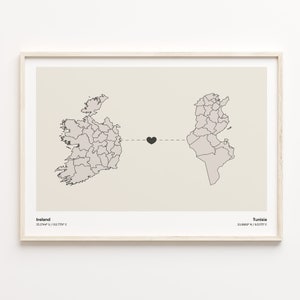 Ireland to Tunisia Print, Trinidadian Gift, Minimalistic Country Connection Map Poster, Travel Wall Art, Welcome Home Gift, C21-1178
