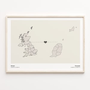 Britain to Grenada Print, Grenadian Gift, Minimalistic Country Connection Map Poster, United Kingdom Art, Goodbye Gift, C21-269