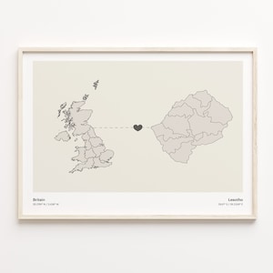 Britain to Lesotho Print, Basotho Gift, Minimalistic Country Connection Map Poster, United Kingdom Art, Long Distance Gift, C21-302
