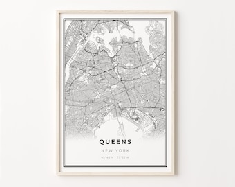 Queens NY Map Art Print: Modern Black and White City Poster