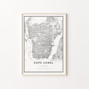 Cape Coral Print, City Map Art Poster, Florida FL USA, Wall Art Decor, Moderne Zwart-Wit Stijl, Travel Print, C13-309