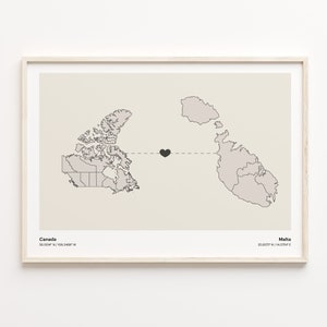 Canada to Malta Print, Malian Gift, Minimalistic Country Connection Map Poster, Travel Wall Art, Home Abroad Map, C21-711
