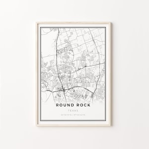 Round Rock Print, City Map Art Poster, Texas TX USA, Wall Art Decor, Modern Black and White Style, Bedroom Wall Prints, C13-98