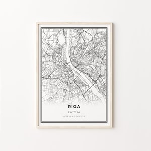 Impressão de Riga, pôster de arte de mapa da cidade, Letônia, decoração de arte de parede, estilo moderno preto e branco, parede escandinava, C13-590