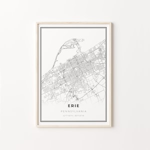 Erie Pennsylvania Map Print: Modern Black and White Wall Art