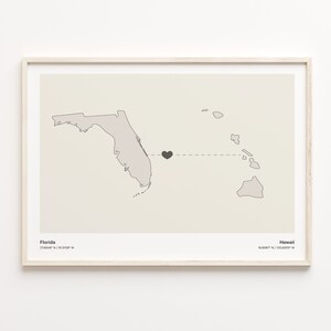 Florida naar Hawaii print, Hawaiiaans cadeau, minimalistische State Connection kaart poster, reizen kunst aan de muur, Global Love Gift, C21-1310
