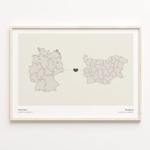 Deutschland nach Bulgarien Druck, Bulgarische Geschenk, Minimalistische Land Verbindung Poster, Reisewandkunst, Länder Herz Geschenk, C21-425