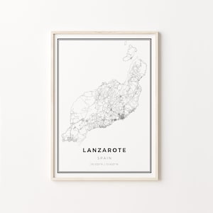 Lanzarote Print, Stadt Karte Kunst Poster, Kanarische Inseln Kanaren Spanien, Wand Kunst Dekor, Modern Black and White Style, C13-921