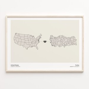 Von Vereinigten Staaten in die Türkei Poster, Türkisches Geschenk, Minimalistische Landkarte, Wandkunst der USA, Kulturelle Wurzeln Geschenk, C21-185