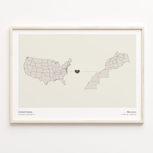 Impression des États-Unis au Maroc, cadeau marocain, affiche minimaliste de carte de connexion de pays, art mural des États-Unis, cadeau d'amour sans frontières, C21-125