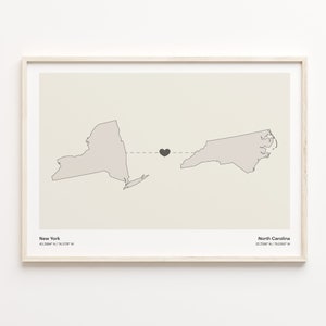 New York to North Carolina Druck, Nordcarolinische Geschenk, Minimalistische Karte Poster, Reise Wandkunst, Internationale Liebe, C21-1378