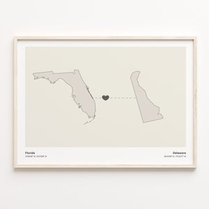Florida naar Delaware Print, Delawarean Gift, Minimalistische State Connection Map Poster, Travel Wall Art, Expatriate Gift, C21-1307