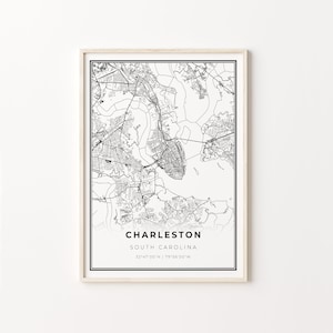 Charleston Print, Stadt Karte Kunst Poster, South Carolina SC USA, Wand Kunst Dekor, Modern Schwarz Weiß Stil, Geschenk Unter 30, C13-280