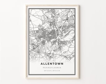 Allentown Pennsylvania Map Art Print: Modern Black and White Cityscape