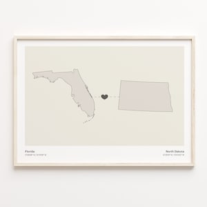 Florida naar North Dakota Print, North Dakotan Gift, Minimalistische State Connection Map Poster, Travel Wall Art, Farewell, C21-1327
