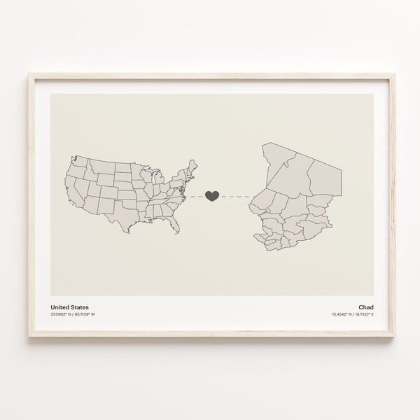 United States to Chad Print, Chadian Gift, Minimalistic Country Connection Map Poster, USA Wall Art, Overseas Love Map, C21-36