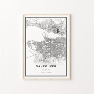 Impression de Vancouver BC, affiche d'art de carte de la ville, Colombie-Britannique Canada, décoration d'art mural, style noir et blanc moderne, C13-620