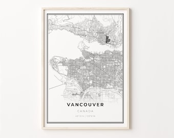 Vancouver City Map Art Print: Modern Black and White Wall Decor
