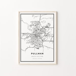 Pullman Print, City Map Art Poster, Washington WA USA, Wall Art Decor, Moderne Zwart-Wit Stijl, Cadeau aan echtgenoot, C13-278