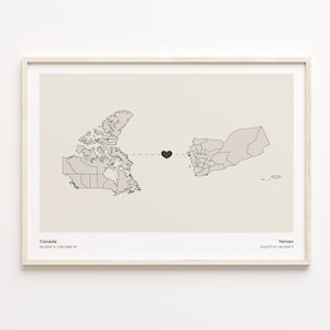 Kanada nach Jemen Druck, jemenitisches Geschenk, minimalistisches Landverbindungskarten-Poster, Reise-Wandkunst, Geschenk für einen Umzug ins Ausland, C21-794