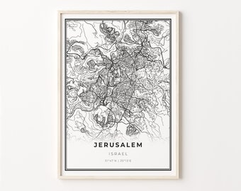 Jerusalem Print, City Map Art Poster, Israel, Wall Art Decor, Modern Black and White Style, Minimalist Decor, C13-877
