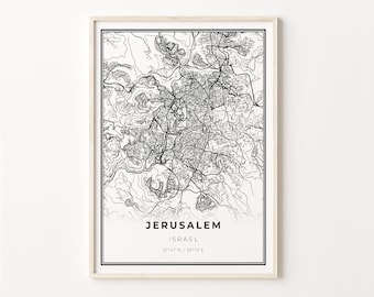 May include: A black and white map print of Jerusalem, Israel. The map shows the city's streets and landmarks. The text "Jerusalem, Israel, 31°47' N | 35°13' E" is printed below the map.