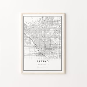 Fresno Print, City Map Art Poster, California CA USA, Wall Art Decor, Modern Black and White Style, Gift Anniversary, C13-159