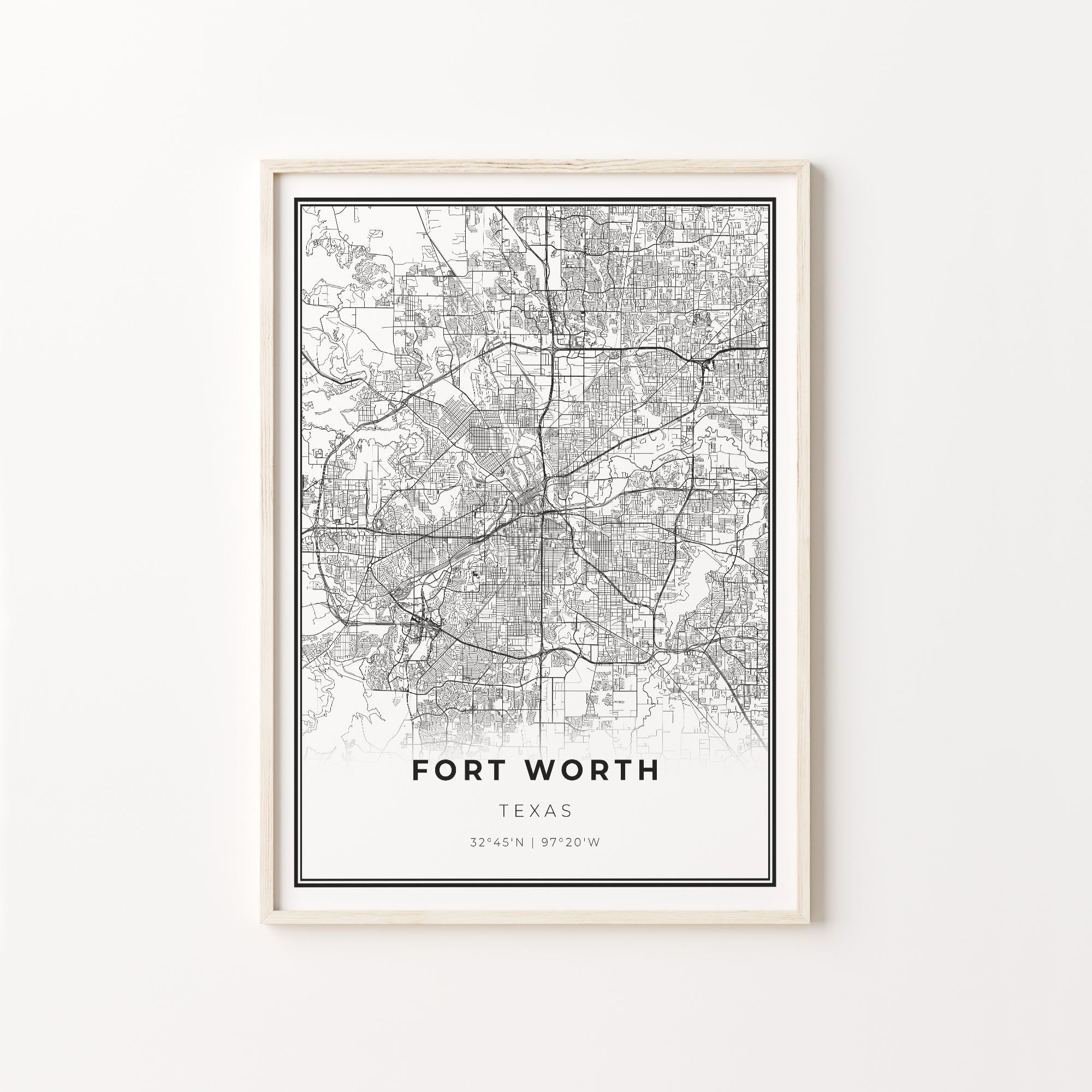 Fort Worth Print, City Map Art Poster, Texas TX USA, Wall Art Decor, Modern Black and White Style, Livingroom Art Print, C13-135