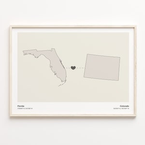 Florida naar Colorado Print, Coloradan Gift, Minimalistische State Connection Map Poster, Travel Wall Art, Home Abroad Gift, C21-1304