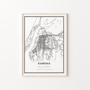 Impresión de Eureka, cartel de arte del mapa de la ciudad, California CA EE. UU., decoración de arte de la pared, estilo moderno en blanco y negro, cartel escandinavo, C13-8