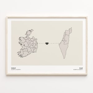 Ireland to Israel Print, Manx Gift, Minimalistic Country Connection Map Poster, Travel Wall Art, Continental Love, C21-1082