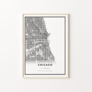 Chicago Print, Stadt Karte Kunst Poster, Illinois IL USA, Wand Kunst Dekor, moderner Schwarzweiß Stil, Heimatstadt Print, C13-319