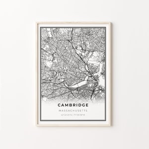 Cambridge Print, City Map Art Poster, Boston Massachusetts MA USA, Wall Art Decor, Modern Black and White Style, C13-185
