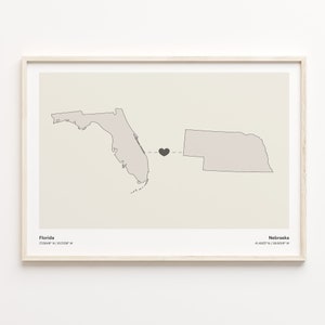 Florida naar Nebraska Print, Nebraskan Gift, Minimalistische State Connection Map Poster, Travel Wall Art, Farewell Gift, C21-1328