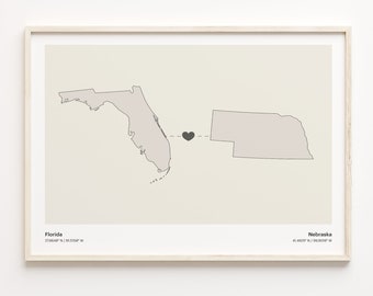 Florida to Nebraska Print, Nebraskan Gift, Minimalistic State Connection Map Poster, Travel Wall Art, Farewell Gift, C21-1328