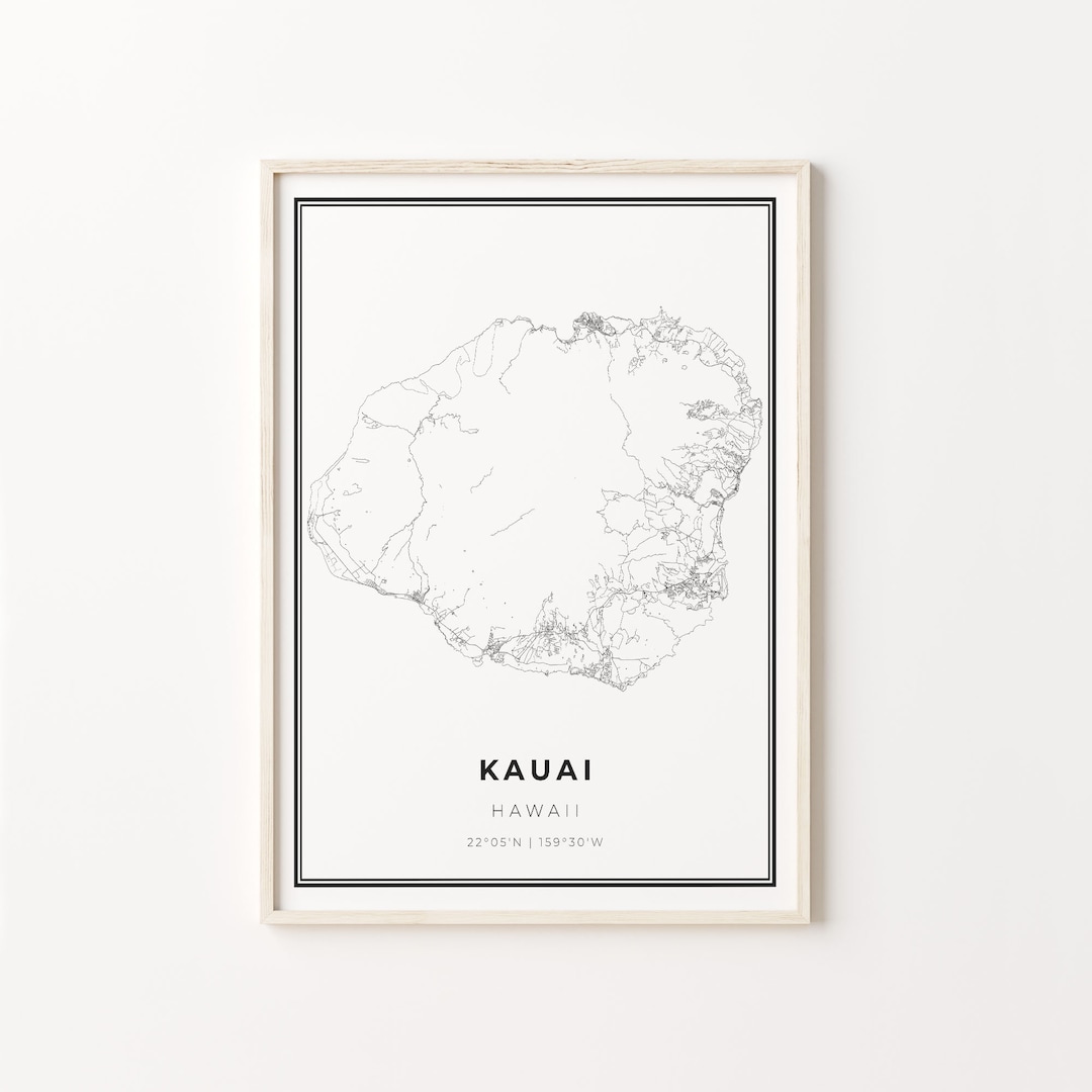 Kauai Map Print Hawaii HI USA, Modern Black and White