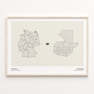 Stampa dalla Germania al Guatemala, regalo Guamaniano, poster minimalista della mappa di connessione del paese, arte della parete di viaggio, regalo per vivere all'estero, C21-470