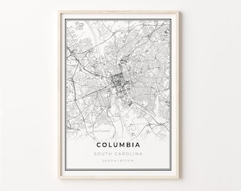 Columbia SC City Map Art Print: Modern Black and White Wall Decor