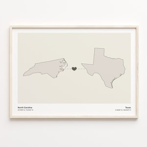 North Carolina to Texas Print, Texanisches Geschenk, Minimalistische Verbindungskarte, Reise Wandkunst, Abschiedsgeschenk, C21-1655