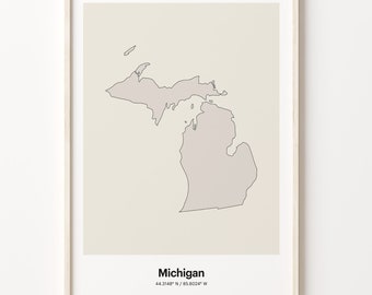 Michigan Map Print: Minimalist Line Art, Neutral Tones