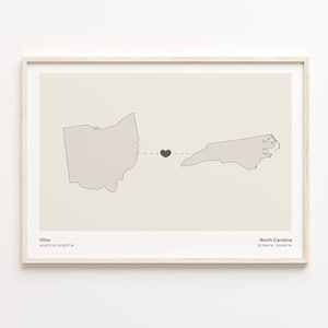 Ohio to North Carolina Print, North Carolinian Gift, Minimalistic State Connection Map Poster, Travel Wall Art, Travel, C21-1534
