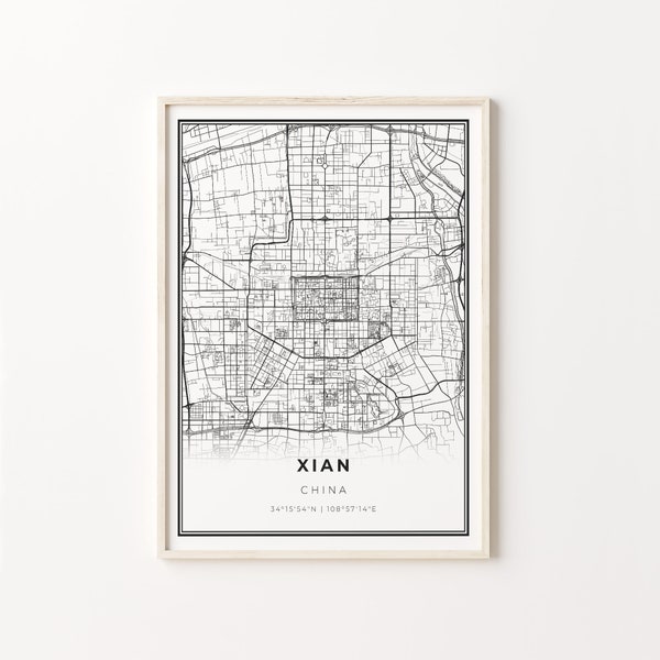 Xian Print, City Map Art Poster, China, Wall Art Decor, Modern Black and White Style, Scandi Poster, C13-868